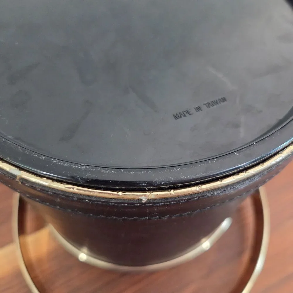 Vintage Mid Century MCM Black Faux Leather Ice Bucket Retro Barware Cocktails